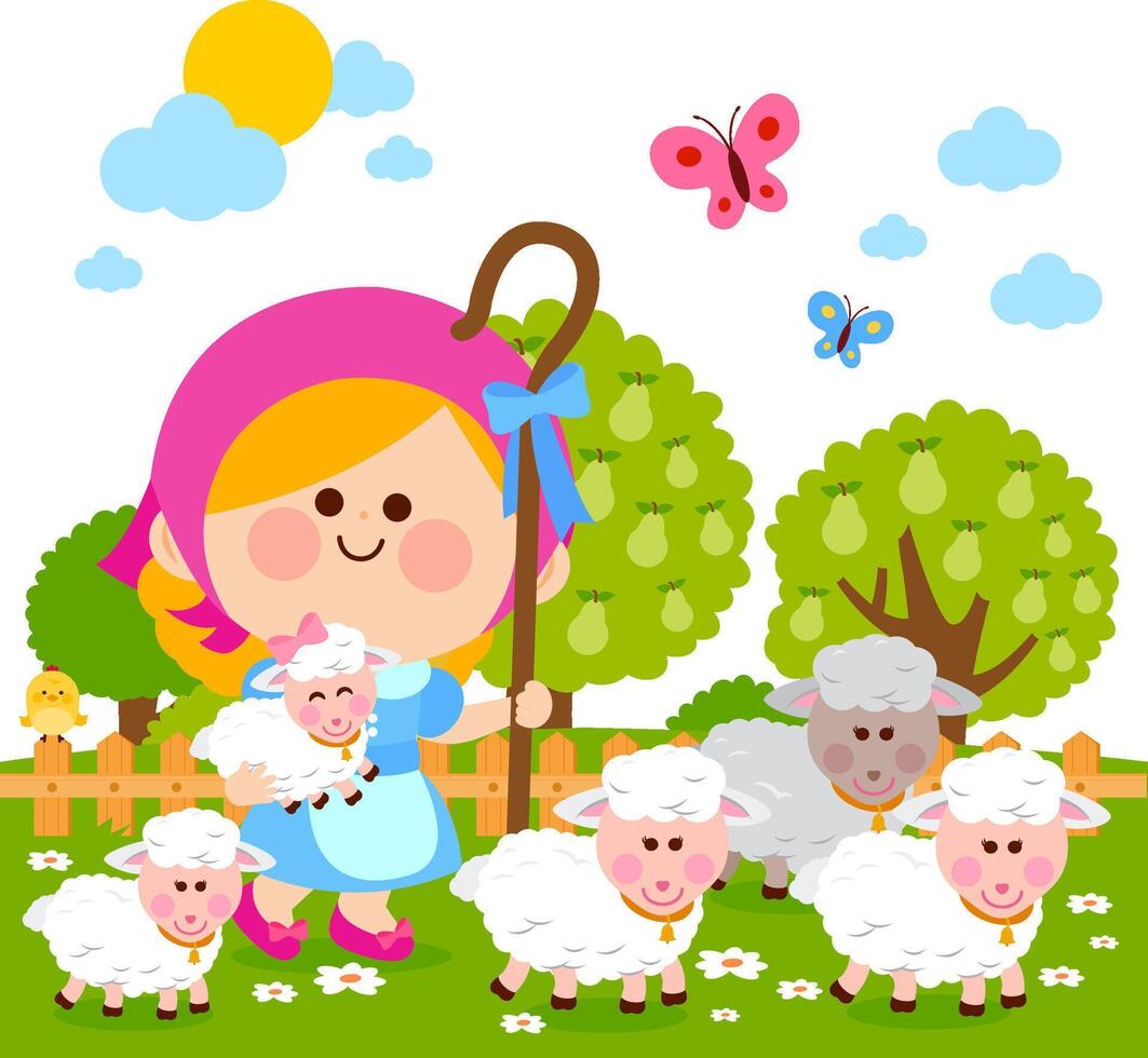 Little shepherdess girl and her sheep at the farm ranch. Happy child at the farm with her farm animals. vector