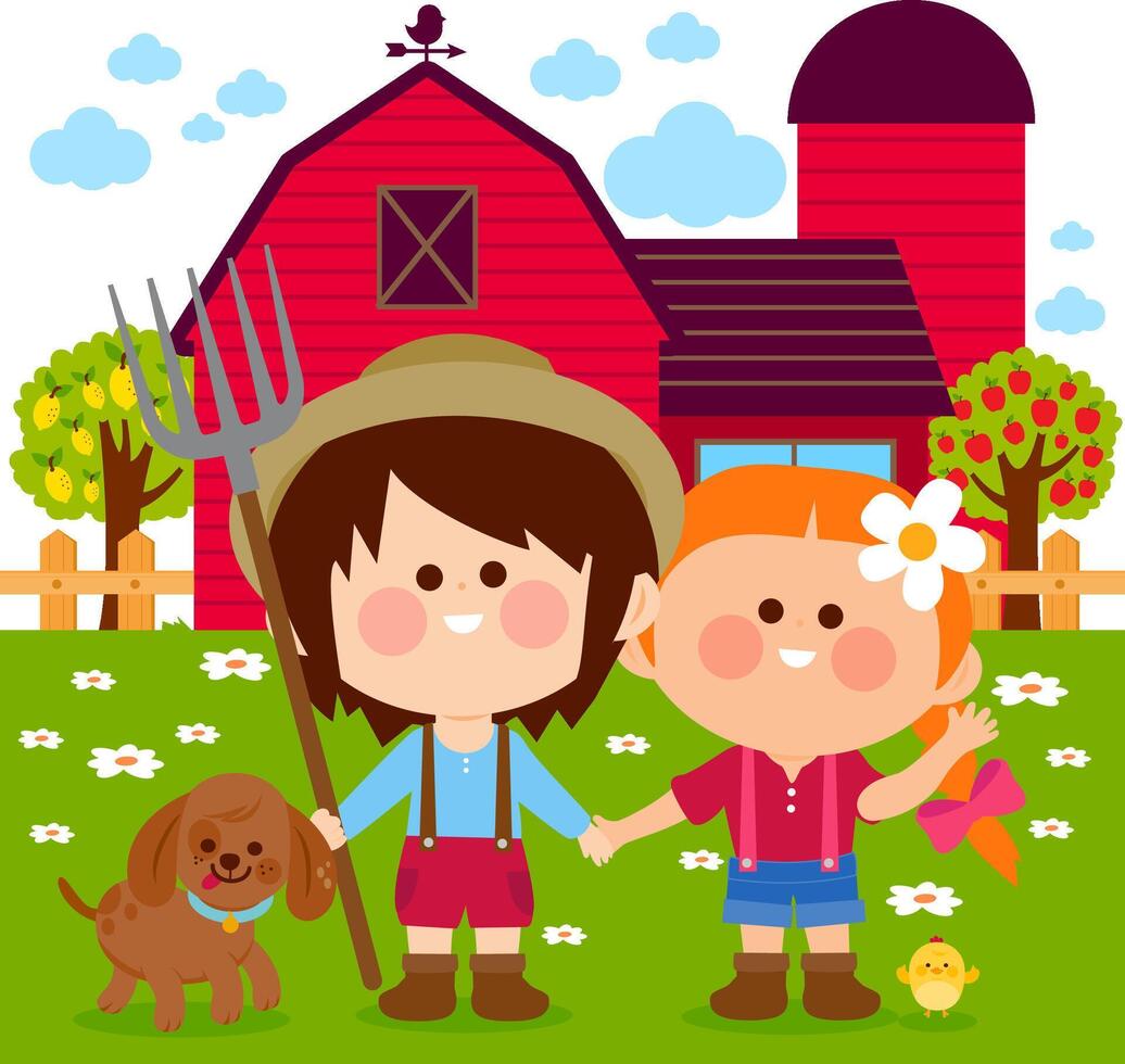 Little farmer boy and girl at the farm with their dog, barn, farmhouse, fence and apple and lemon trees. Children and their pet dog at the country farm. vector