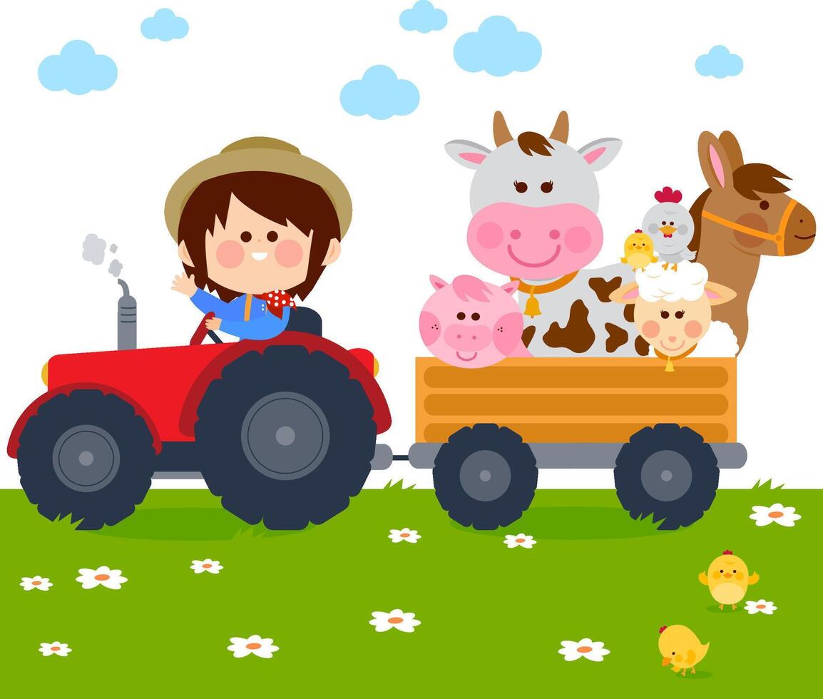 Little farmer boy, happy child at the farm driving a tractor, carrying animals. Tractor ride in the countryside with a cow, pig, chickens, sheep and a horse. vector