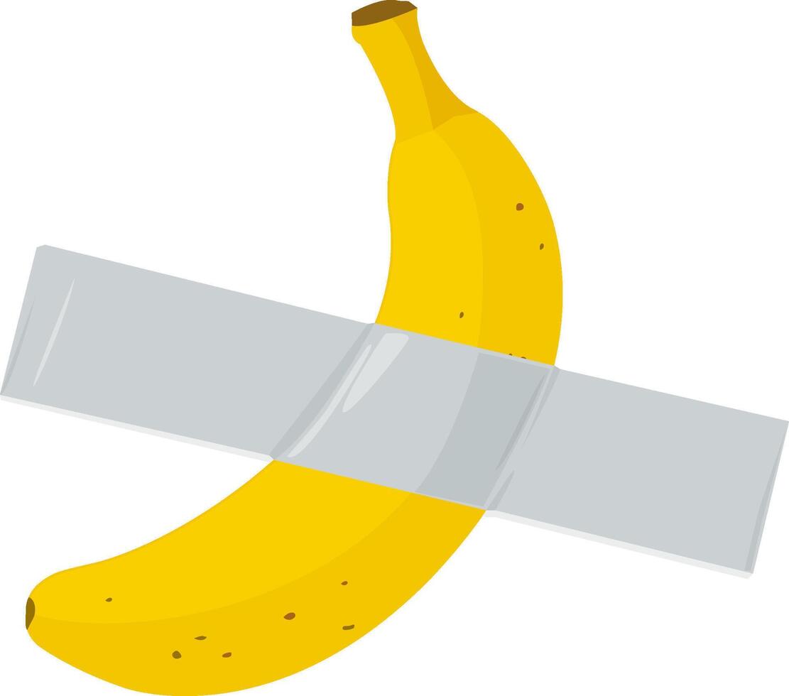 Banana and sticky tape. Modern contemporary art installation. Yellow banana taped to wall with gray duct tape. vector