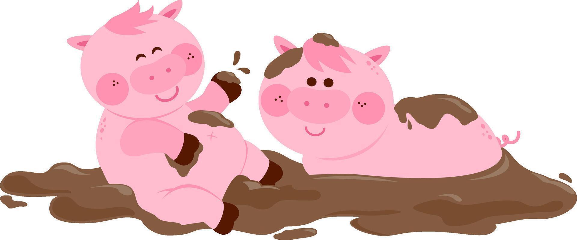 Cute cartoon pig and piglet farm animals in the barnyard farm playing in dirt. Pigs playing in a mud puddle at the farm. vector