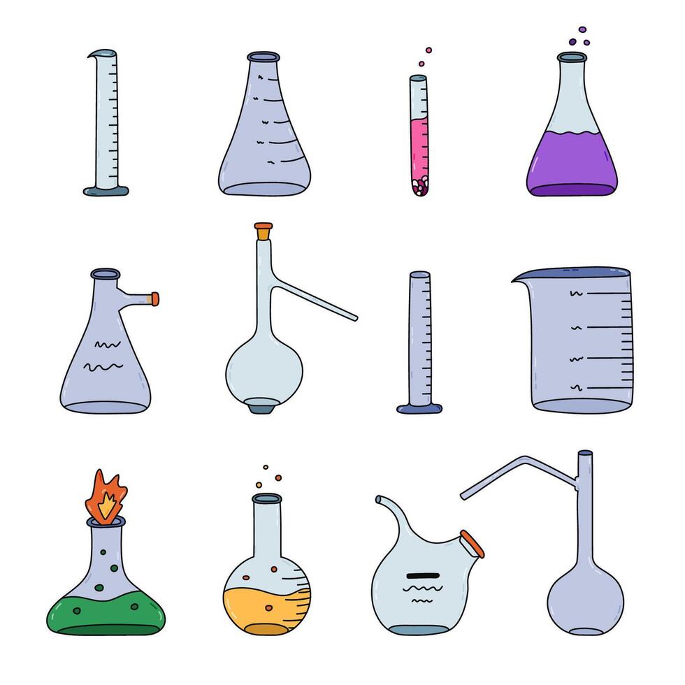 Big colorful doodle set with laboratory beaker with fire, chemical solution, bubble. Flat-bottomed, round flask, glassware, tube for scientific, chemistry experiment. Hand drawn outline lab equipment. vector