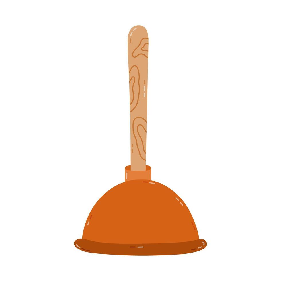 Cute cartoon rubber toilet plunger with wooden handle to unclog plumbing, pipe at sink, toilet. Hand drawn tool for housekeeping and clean up clogging. Funny clipart isolated on white background vector