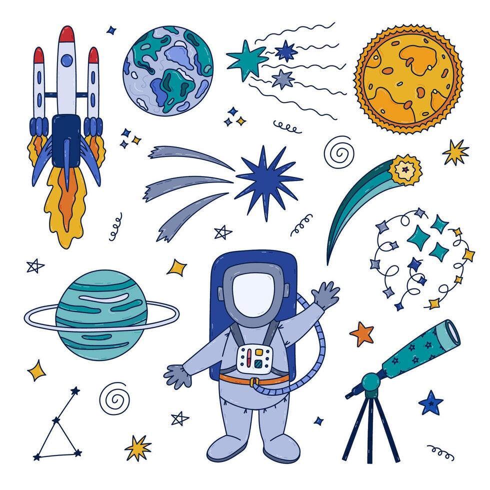 Cute colorful doodle space and astronomy set with cosmonaut, rocket, telescope, the Sun, star dust, celestial bodies. Childish symbols of cosmos. Hand drawn outline collection isolated on background. vector