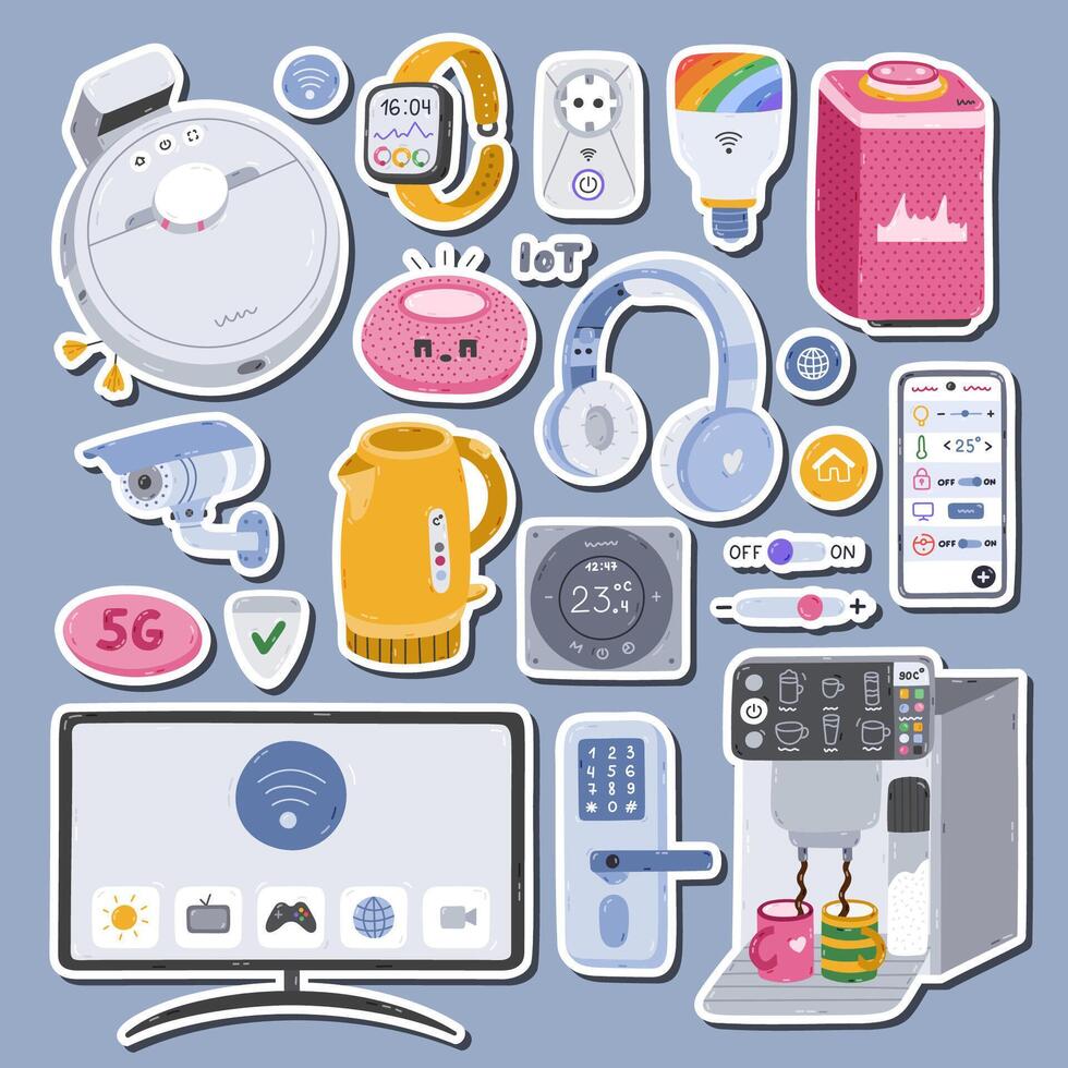 Big cartoon set of stickers with smart devices of Internet of things for planners, notebooks. Ready for print list of cute stickers. Intelligence machine clipart with remote control via phone. vector