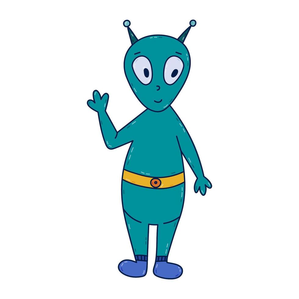 Cute colorful doodle of green alien smiling and waving hello. Friendly extraterrestrial monster with big eyes, in boots and belt. Hand drawn outline childish weird creature isolated on background. vector