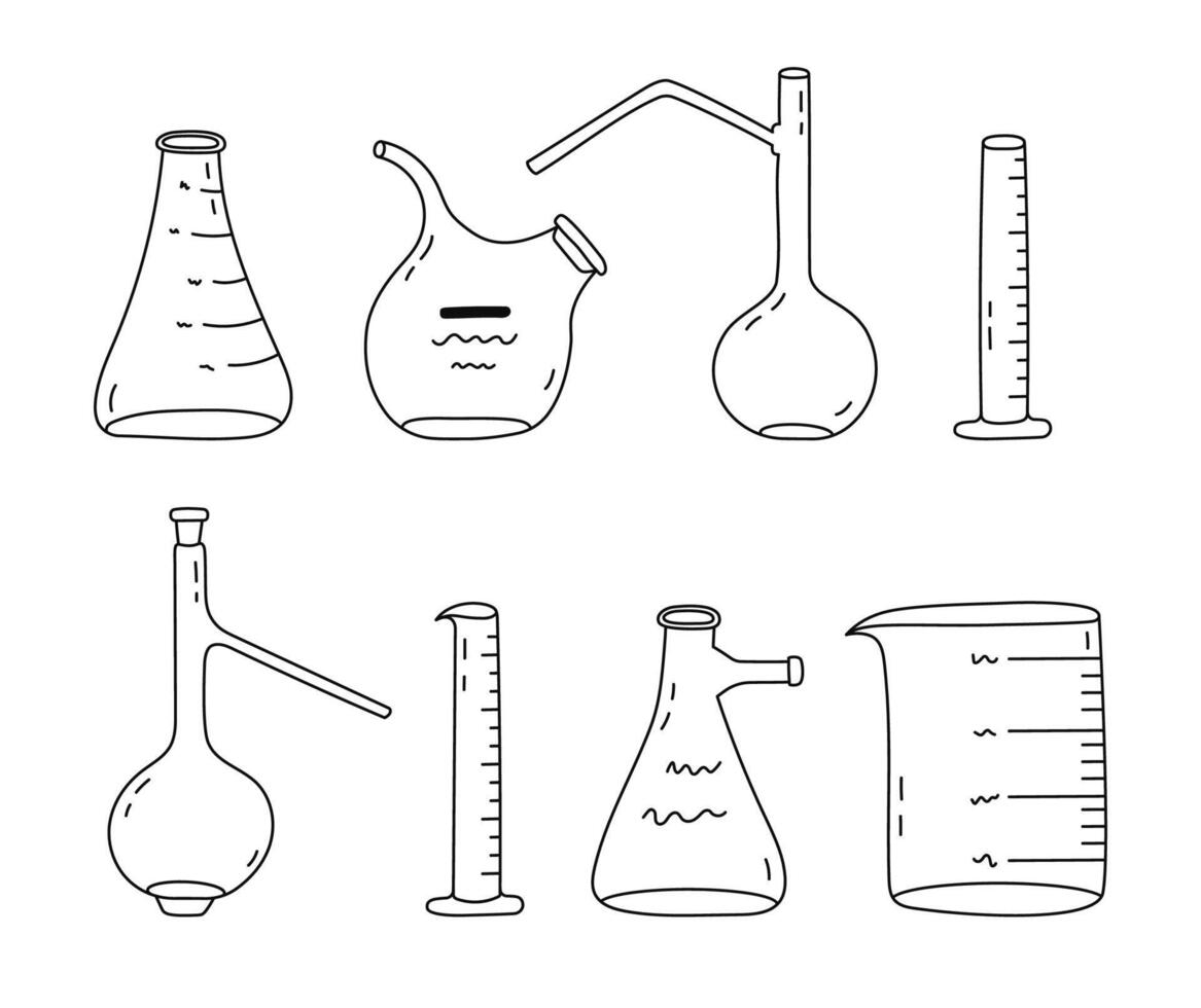 Cute doodle set with empty laboratory beaker. Flat-bottomed, round, high flask, glassware, tube for scientific experiment, chemistry, medicine test. Hand drawn lab equipment isolated on white. vector