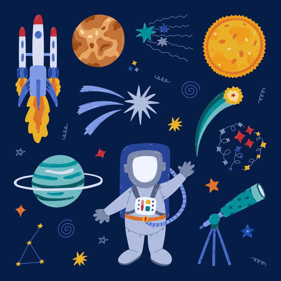 Cute cartoon space and astronomy set with cosmonaut, rocket, telescope, the Sun, star dust, celestial bodies. Childish symbols of cosmos. Hand drawn clipart collection isolated on background. vector