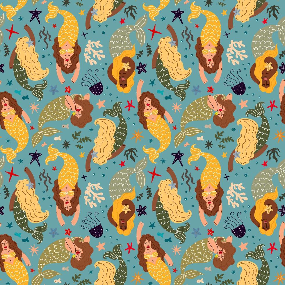 Seamless pattern with mermaids and marine life vector