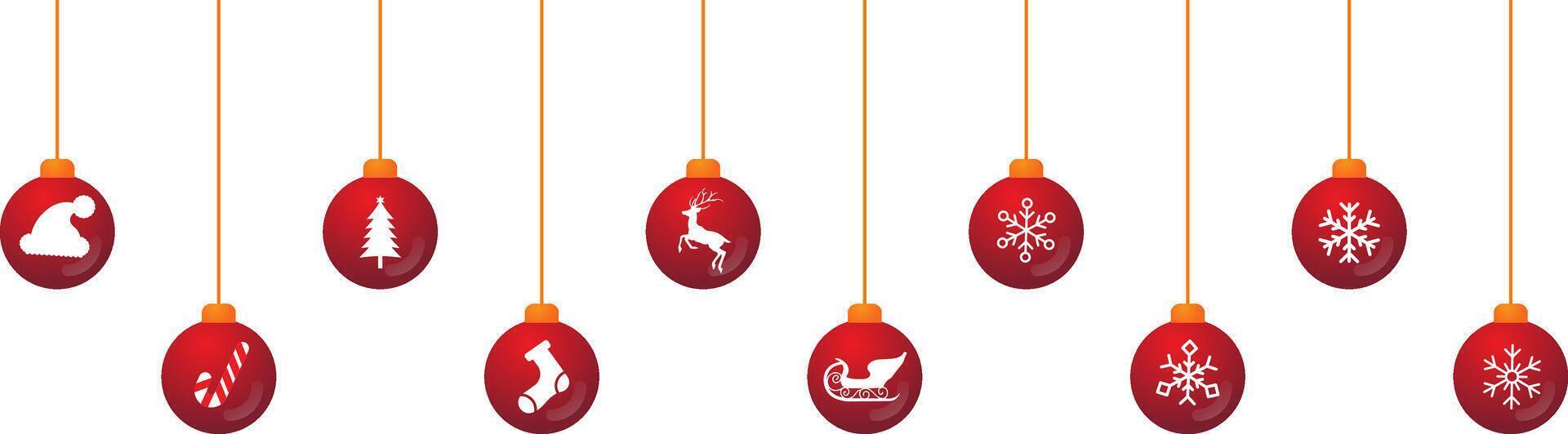 red Christmas ball with gold lines in hat, sweet candy, tree, sock, deer and snow crystal icons vector