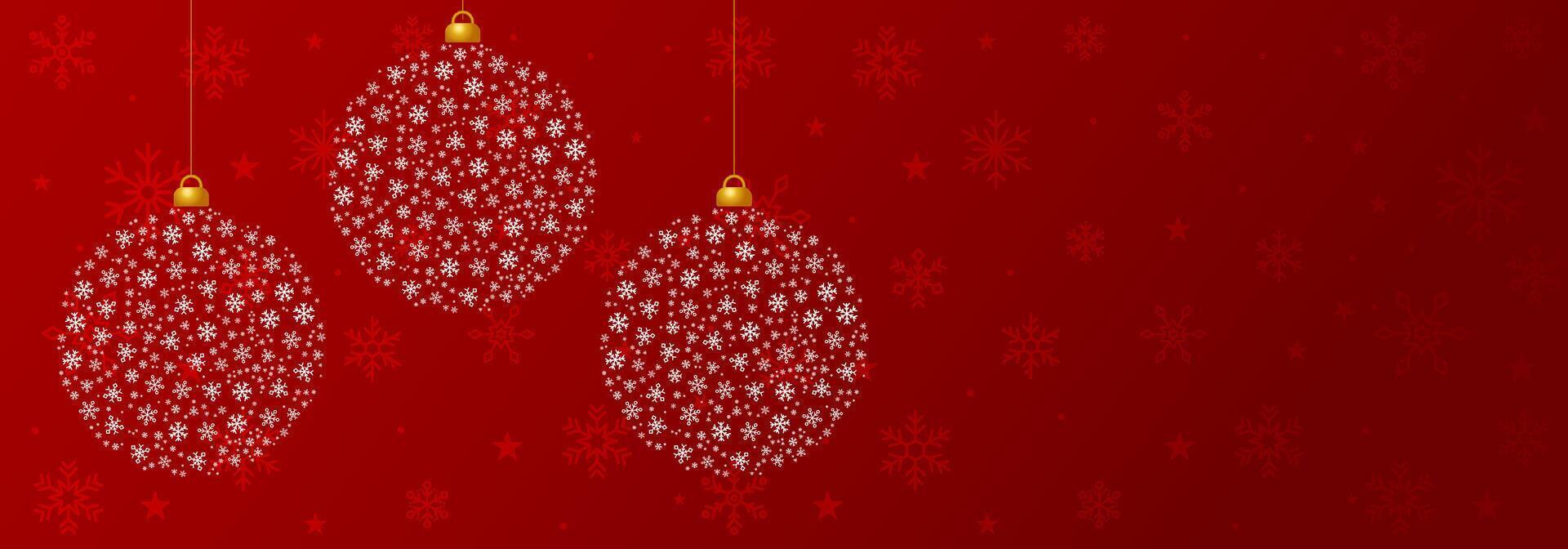 Christmas balls with white snow crystals icons in red snow banner template background for events, posters, cover, events vector