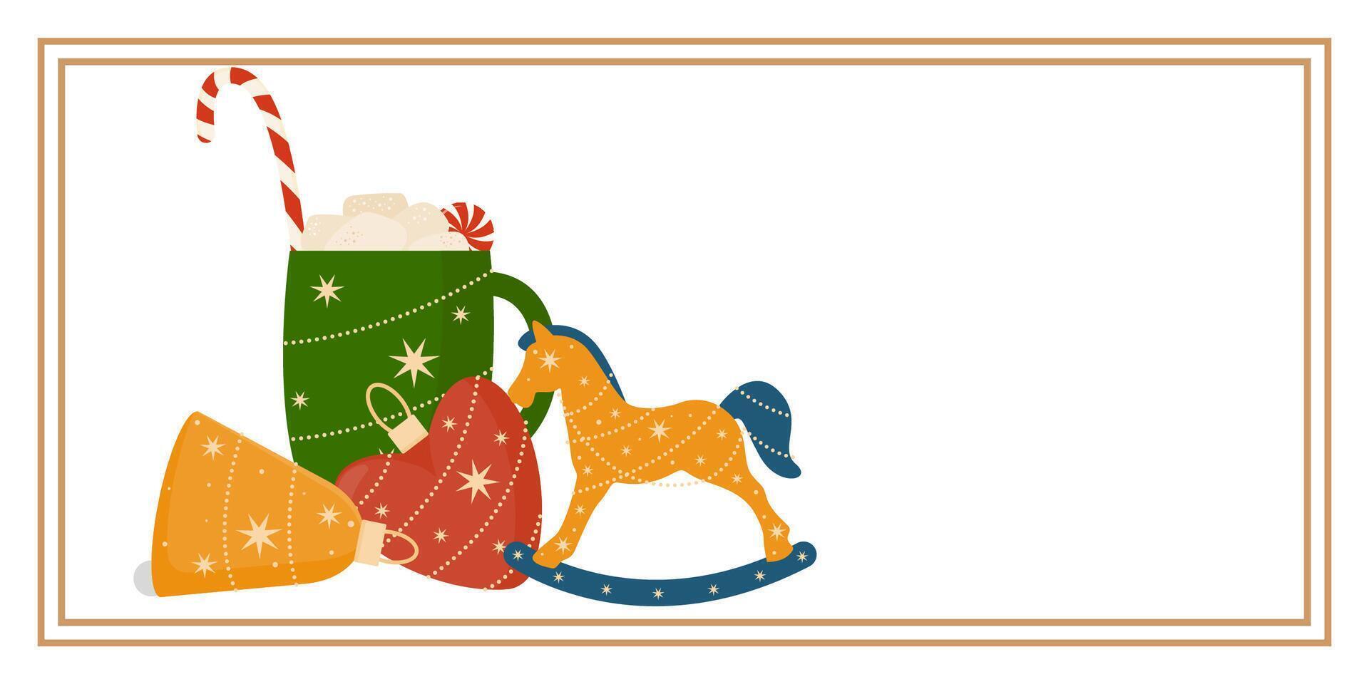 Glass Vintage Toys Christmas and New Year Greeting Horizontal Card or Invitation Template. Vintage Elegant Decoration Illustration. Happy Merry Xmas Greeting Party Banner Design background vector