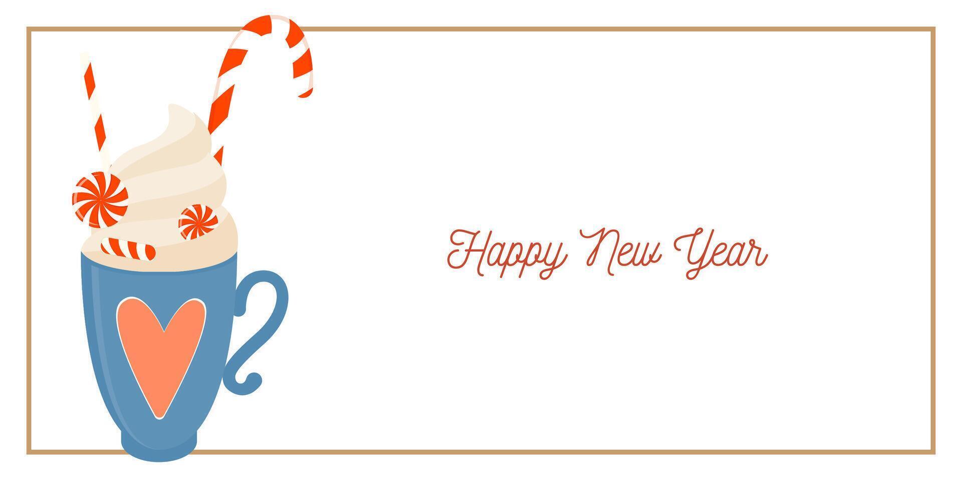 Blue Cup with heart New Year Greeting Horizontal Card or Invitation Template. Vintage Elegant Decoration Illustration. Happy Merry Xmas Greeting Party Banner Design background vector