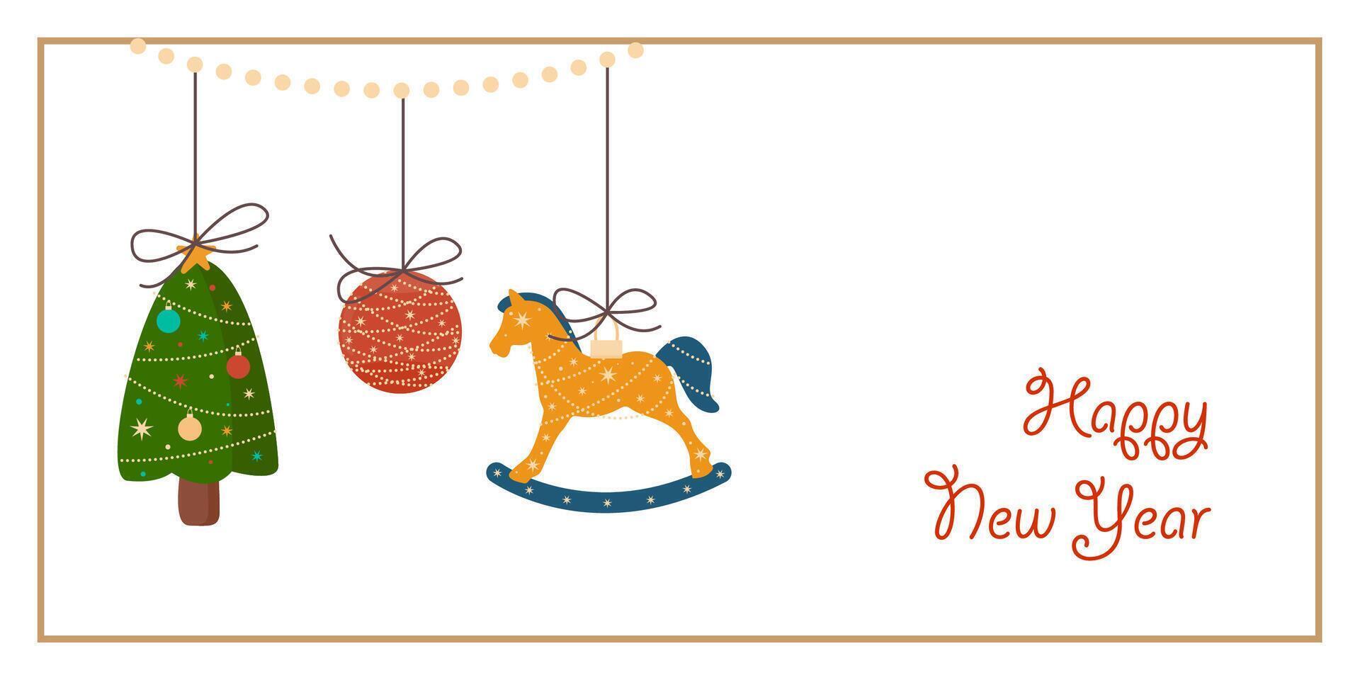 Cute Happy New Year Greeting Horizontal Card or Invitation Template. Vintage Elegant Decoration Illustration. Happy Merry Xmas Greeting Party Banner Design background vector