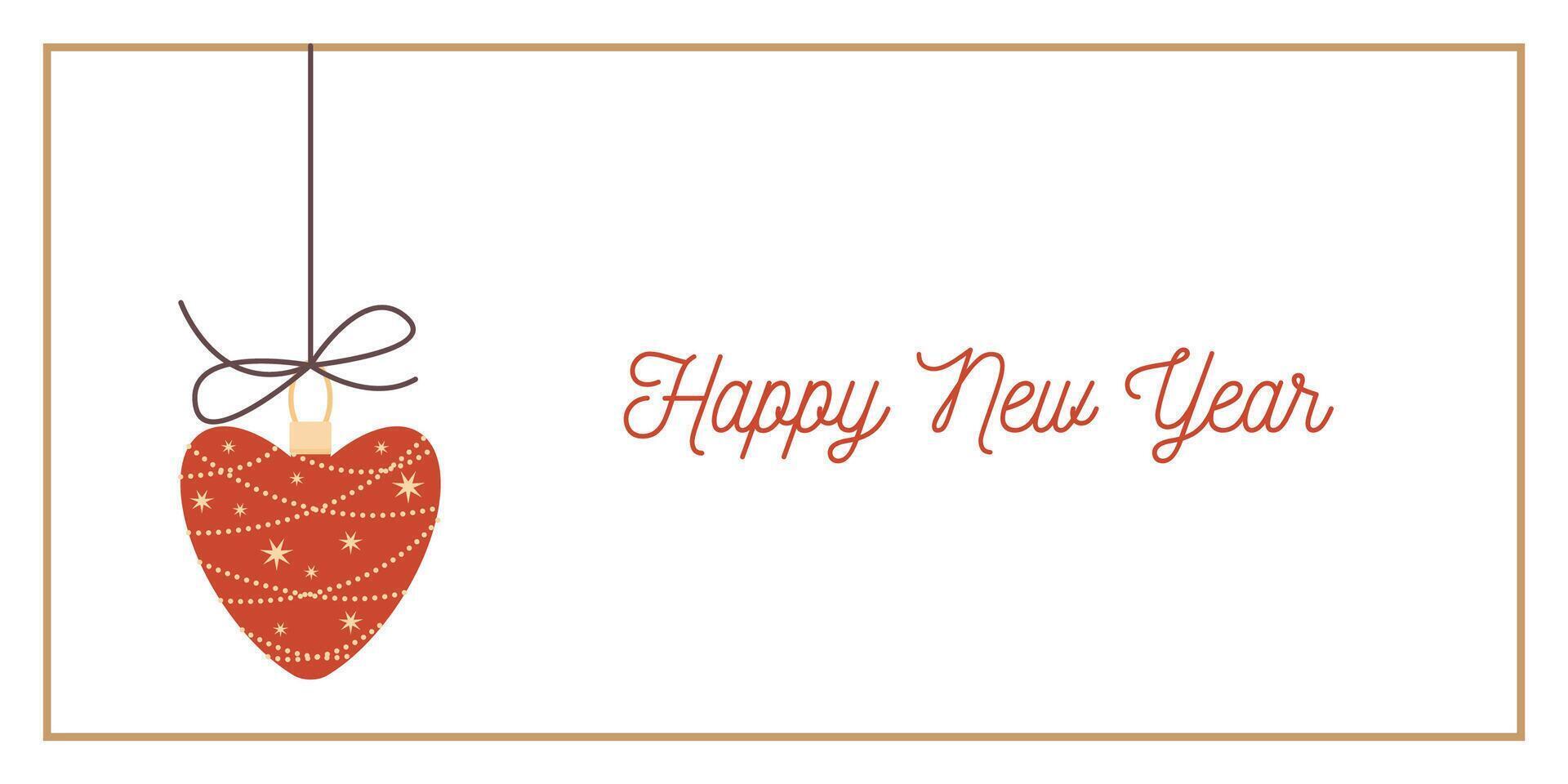 Red Cute Heart Toy New Year Greeting Horizontal Card or Invitation Template. Vintage Elegant Decoration Illustration. Happy Merry Xmas Greeting Party Banner Design background vector