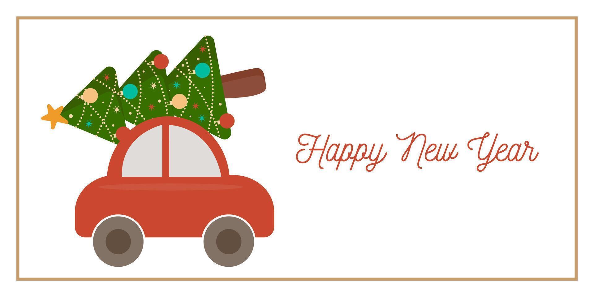 Festive Spruce and Car New Year Greeting Horizontal Card or Invitation Template. Vintage Elegant Decoration Illustration. Happy Merry Xmas Greeting Party Banner Design background vector