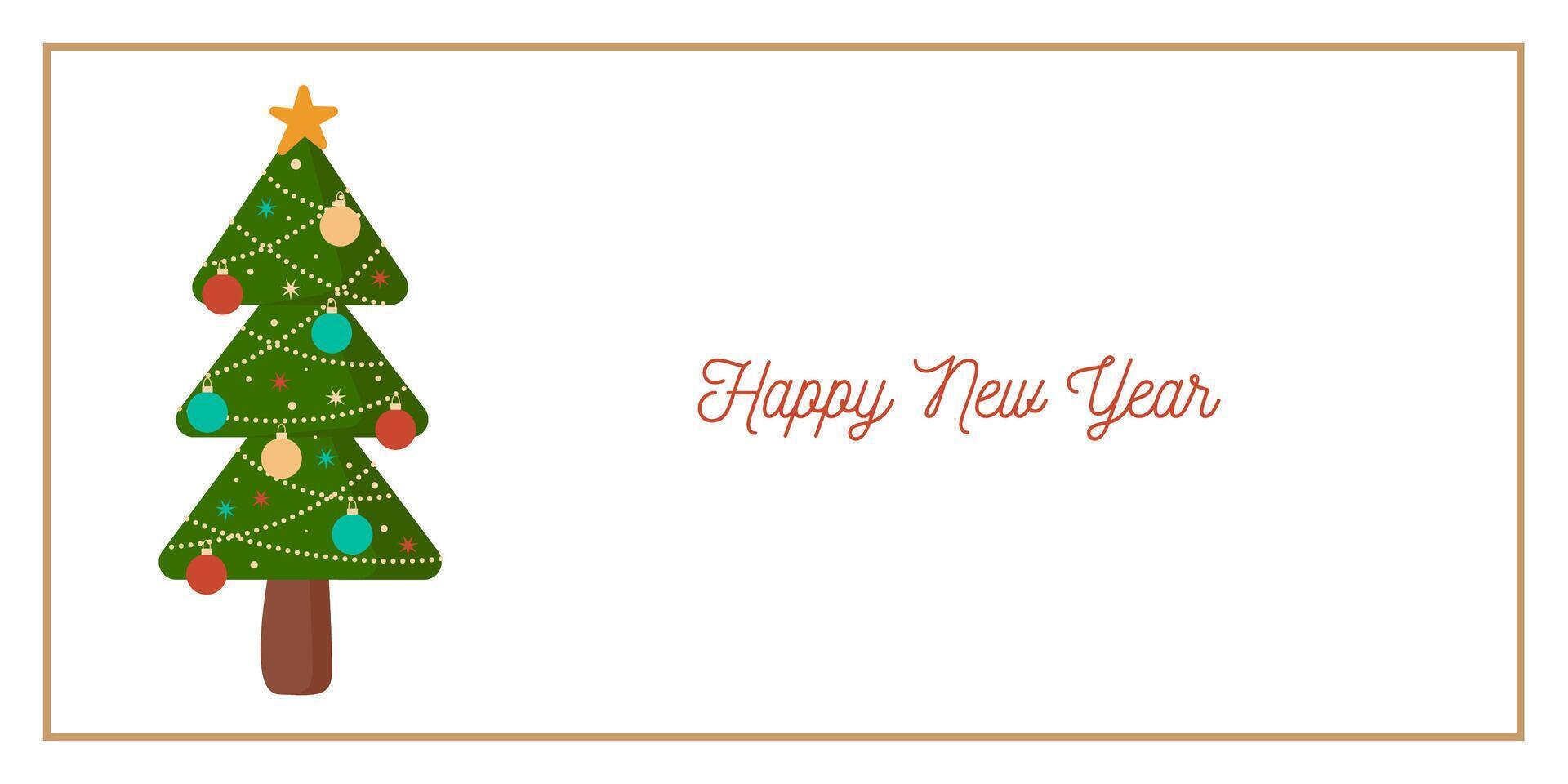 Bright Green Tree New Year Greeting Horizontal Card or Invitation Template. Vintage Elegant Decoration Illustration. Happy Merry Xmas Greeting Party Banner Design background vector