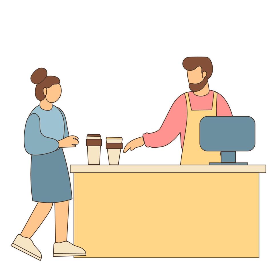 A man and woman standing at a counter with coffee cups vector