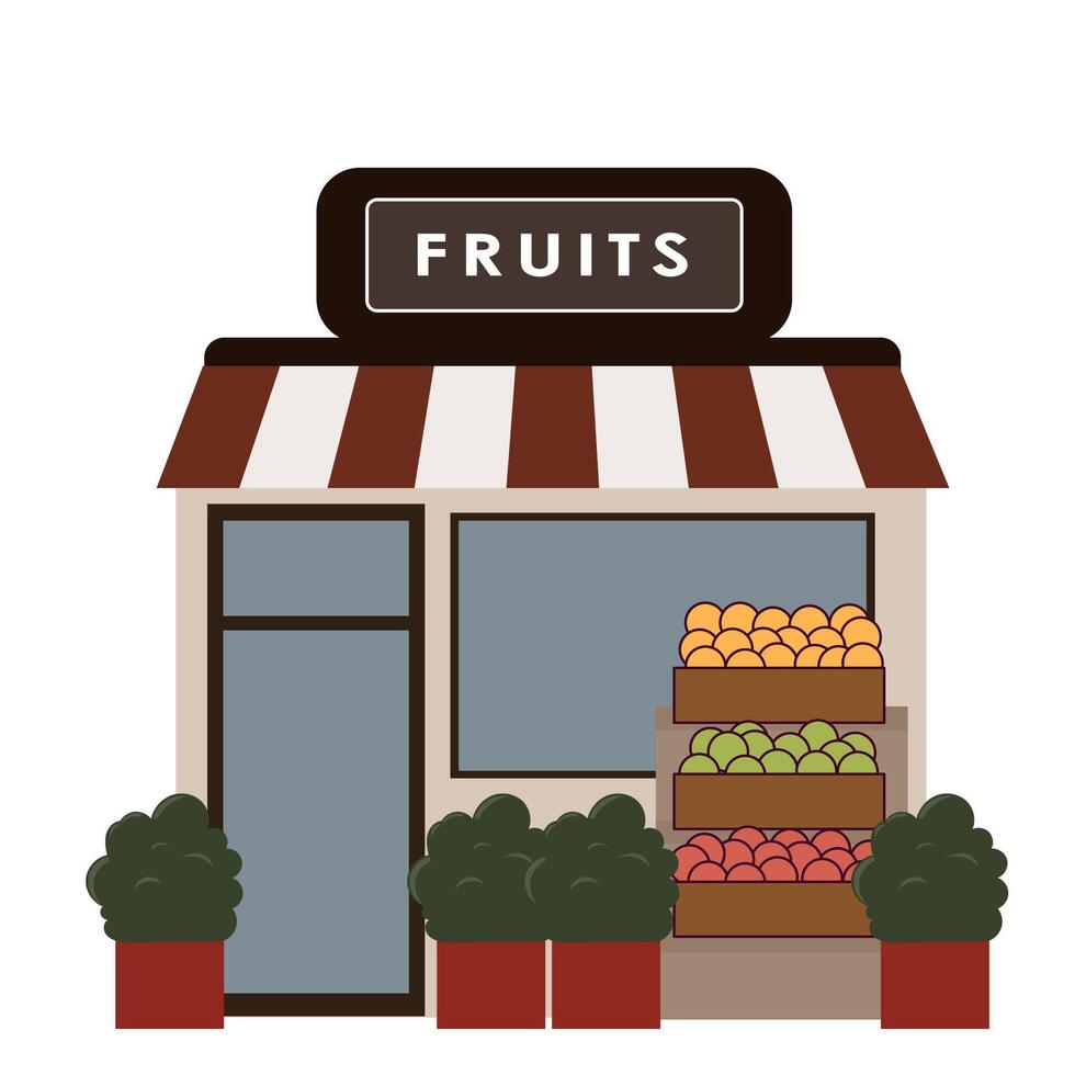 An illustration of a fruit shop with fruit on the front vector
