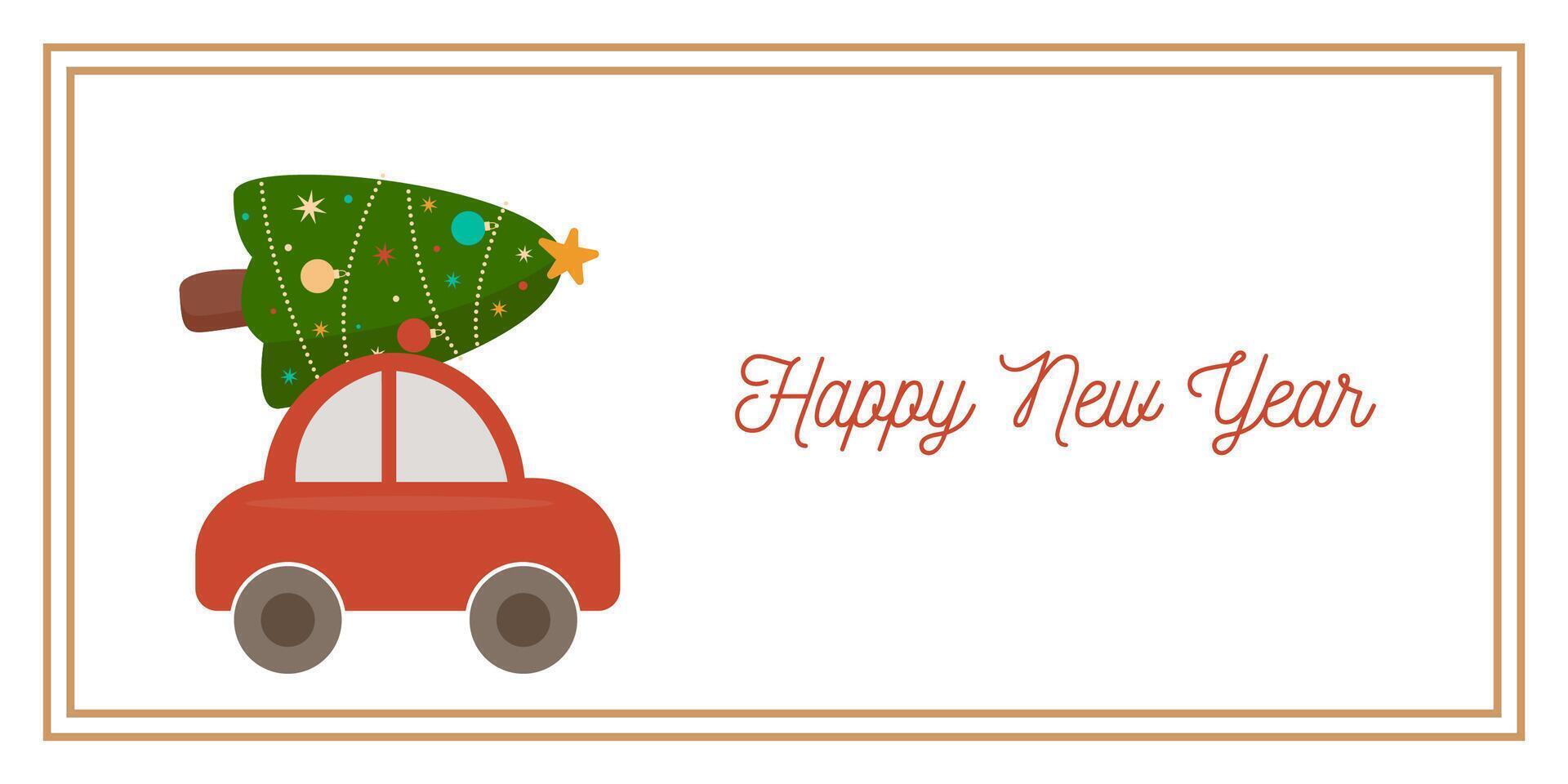 Car with Spruce Tree New Year Greeting Horizontal Card or Invitation Template. Vintage Elegant Decoration Illustration. Happy Merry Xmas Greeting Party Banner Design background vector