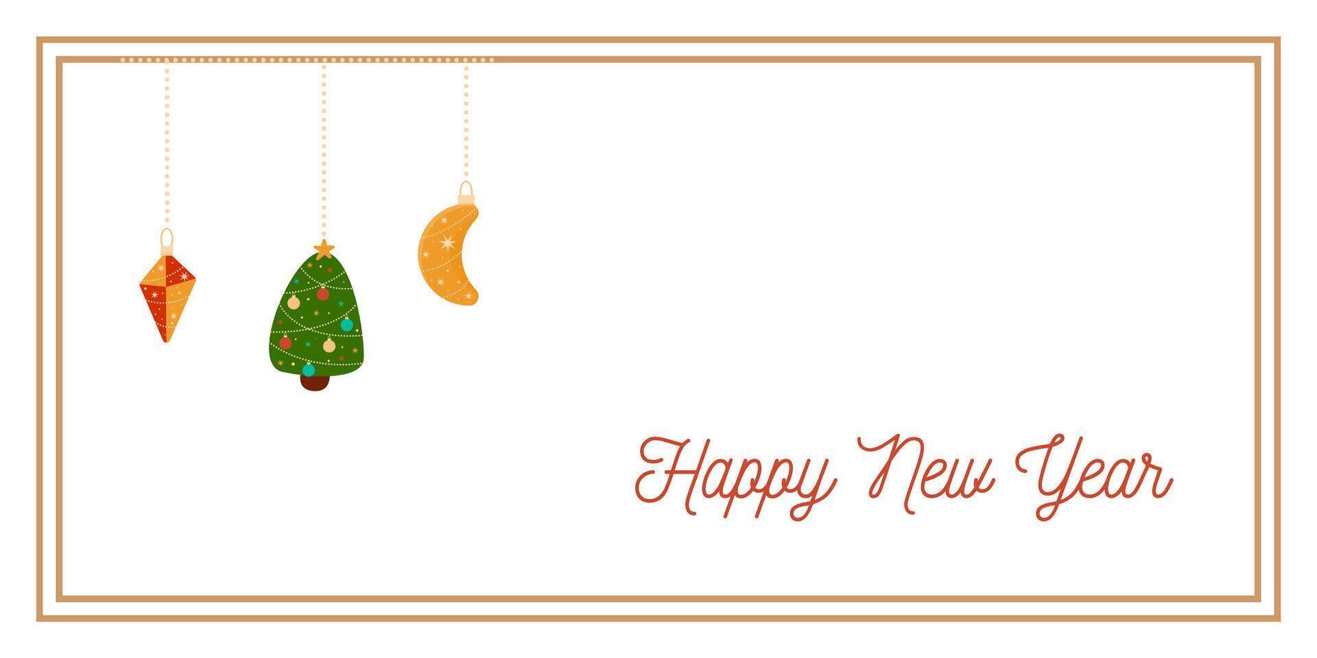 Funny Toys New Year Greeting Horizontal Card or Invitation Template. Vintage Elegant Decoration Illustration. Happy Merry Xmas Greeting Party Banner Design background vector