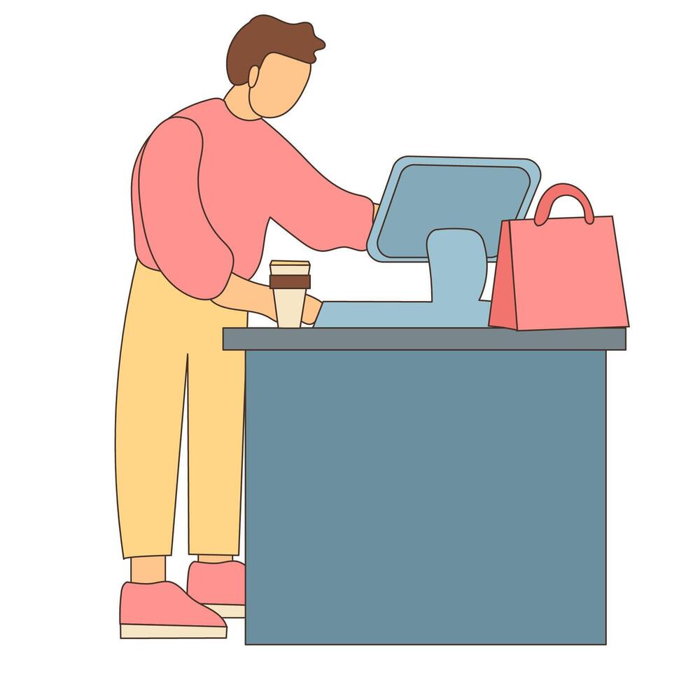 A man is standing at a cash register with a bag vector