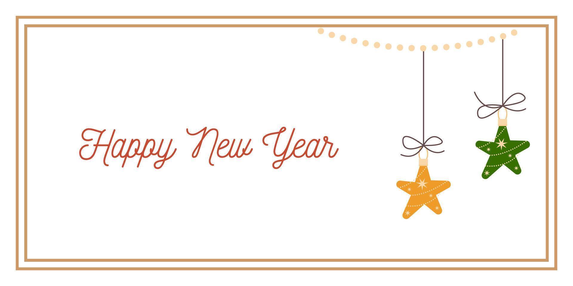 New Year Greeting Horizontal Card or Invitation Template with Stars Toy. Vintage Elegant Decoration Illustration. Happy Merry Xmas Greeting Party Banner Design background vector