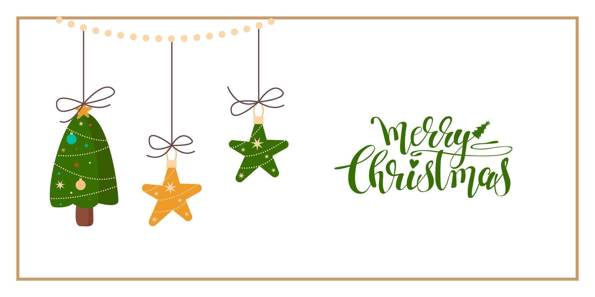 Christmas Horizontal Spruce Tree and Stars Card or Invitation Template. Vintage Elegant Decoration Illustration. Happy Merry Xmas Greeting Party Banner Design background vector
