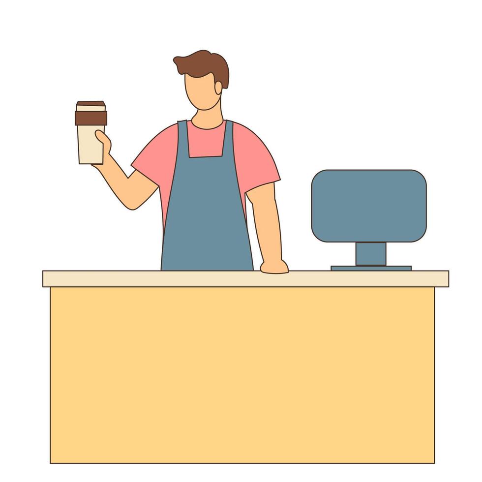 A man in an apron is holding a coffee cup vector