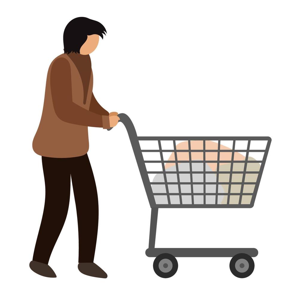 A woman pushing a shopping cart with a bag of groceries vector