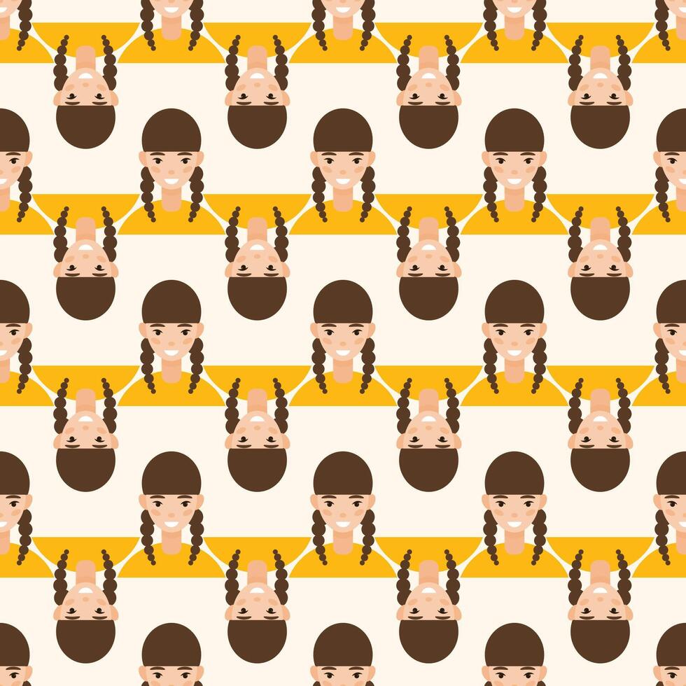 Happy Girl Kid Character Avatar Seamless Pattern Background. Positive Smiling Funny Face Portrait. Happy Birthday Party Wallpaper or Wrapping Paper Print. Joyful Cheerful Child Portrait Fabric Textile vector