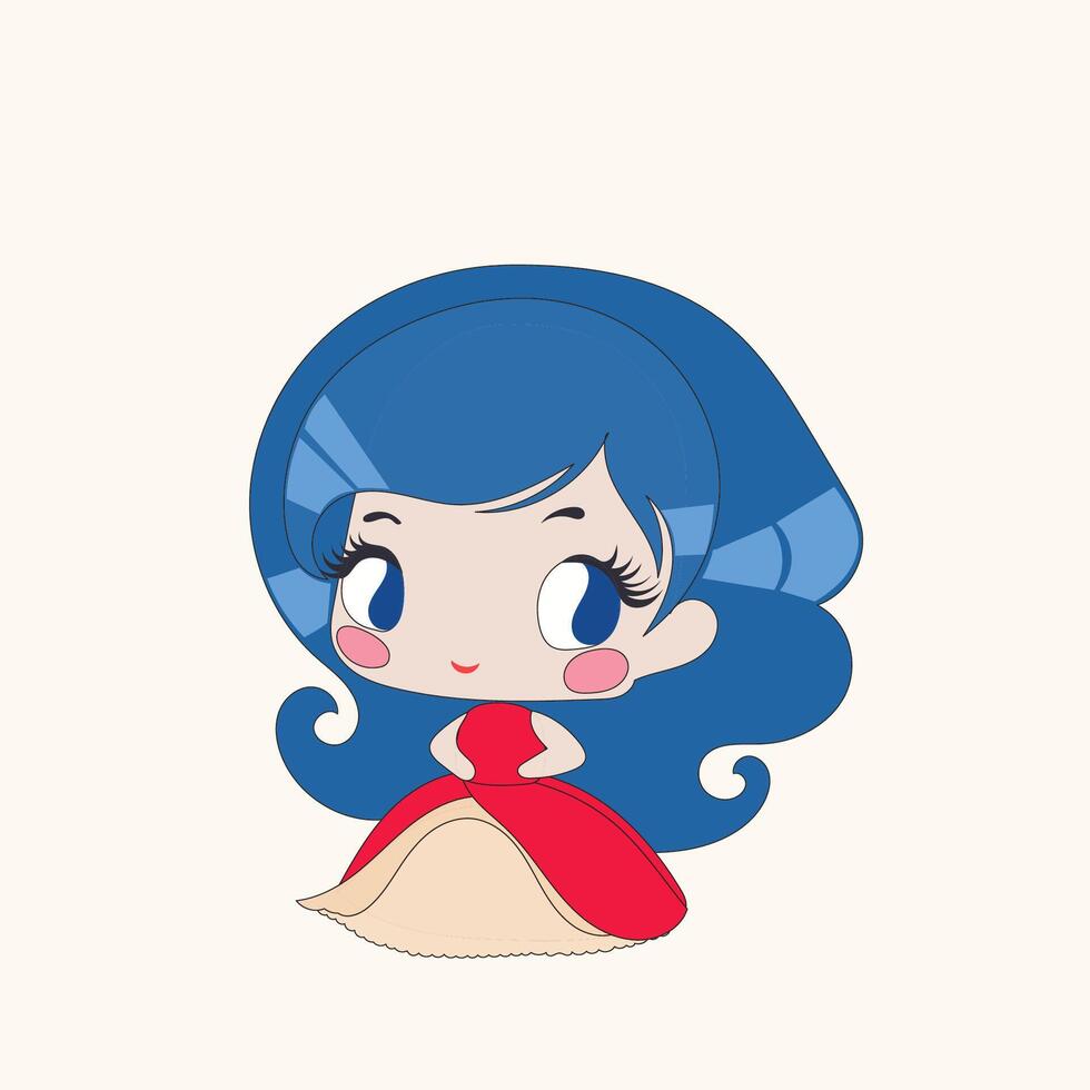 A cartoon girl in a red dress with blue hair vector