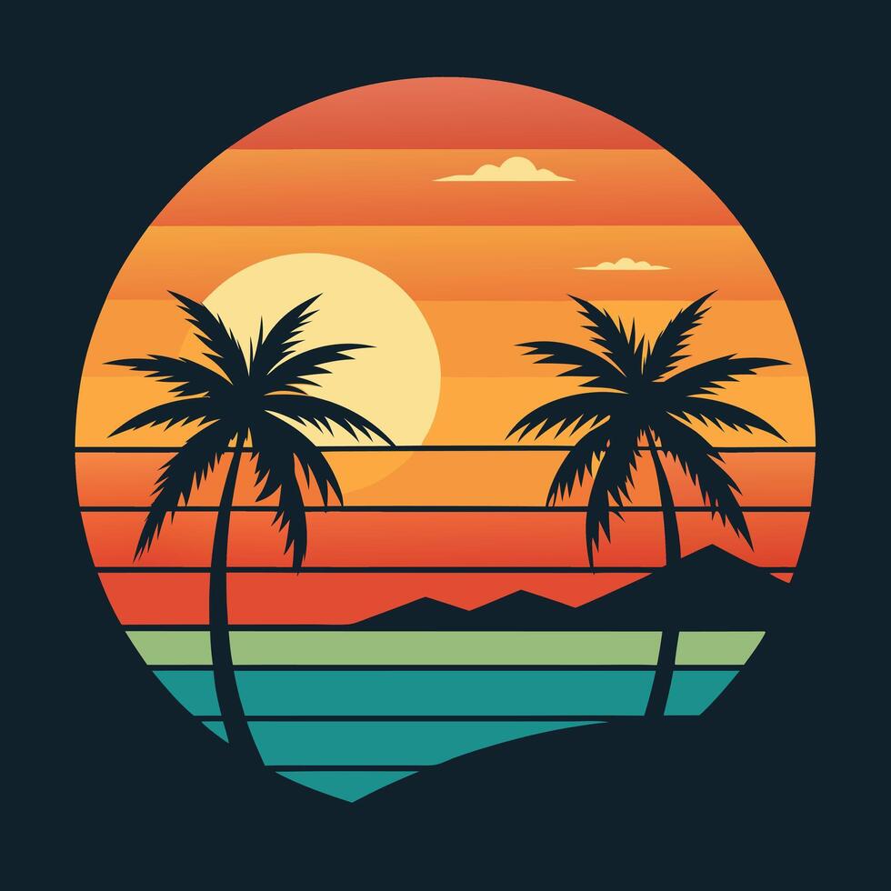 Tropical sunset with palm trees and mountains vector