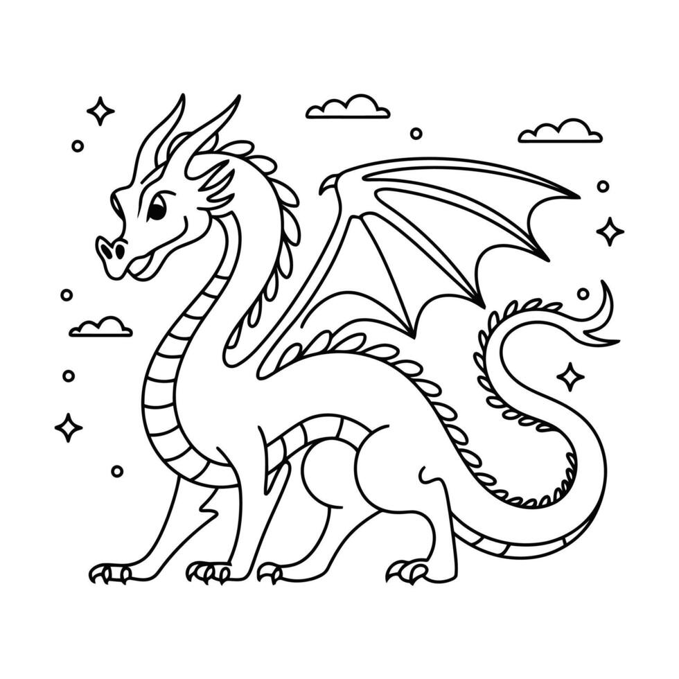 Dragon Outline Black And White Toy Cartoon Sketch Happy Coloring Page And Coloring Books vector