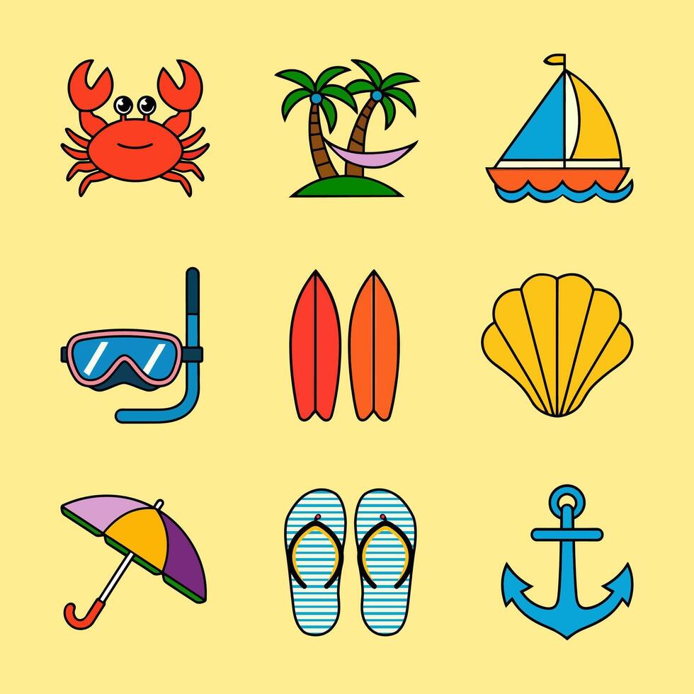 Summer set of cute icons in cartoon style. vector