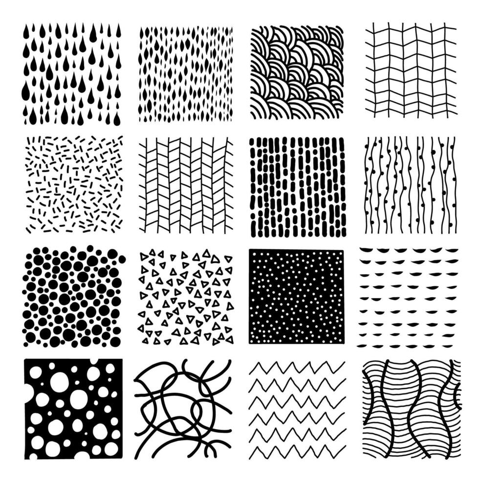 Collection texture with variety abstract shapes. Backgrounds with ink and marker in hand drawn style. Illustrations with dots, lines, stripes, and strokes. vector