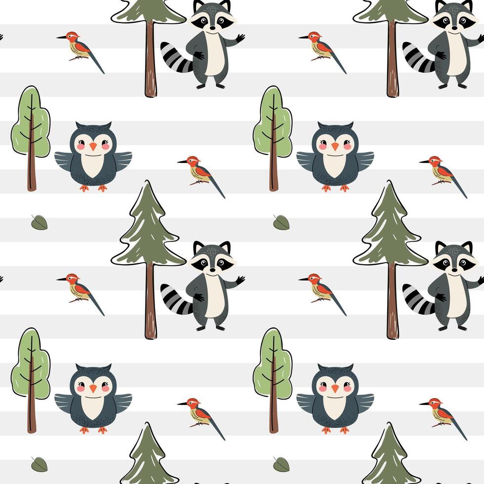 Woodland patterns. Cute seamless pattern with owl, raccoon and woodpecker. Forest wildlife backgrounds. vector