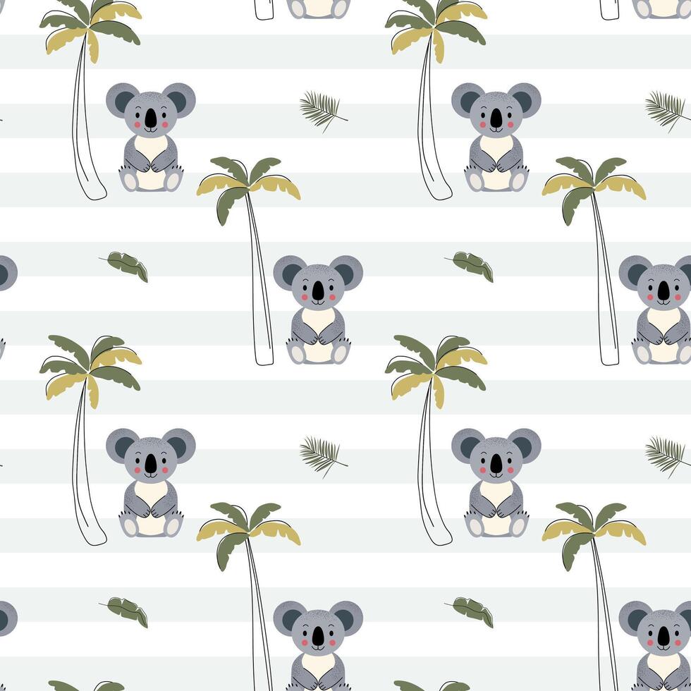 Seamless pattern with cute koala and palm tree. Childish jungle background. Baby koala wallpaper. vector