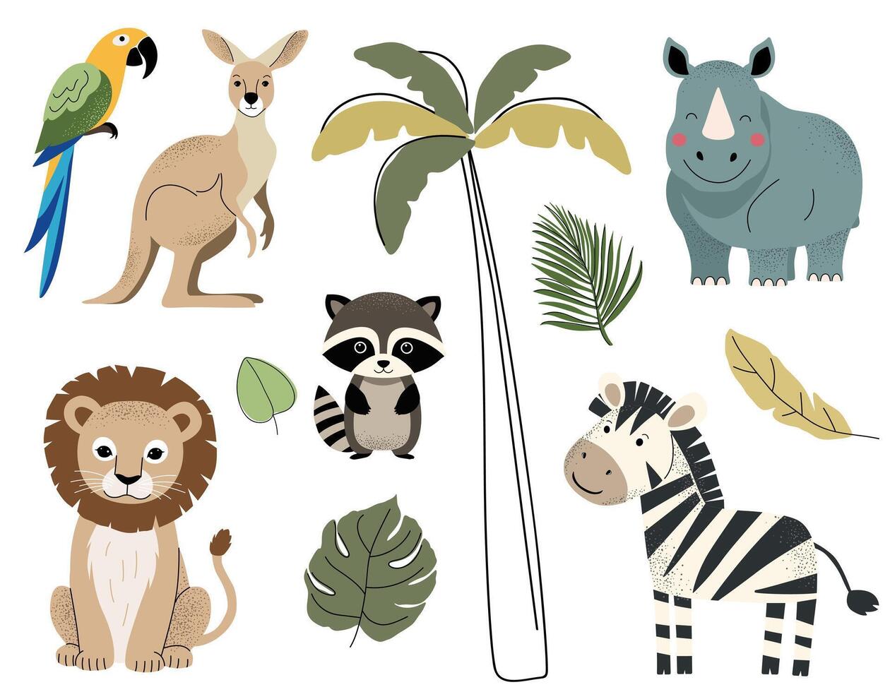 Wild animals and palm leaves. Rhinoceros, zebra, lion, kangaroo, parrot, raccoon. Hand drawn jungle set. vector