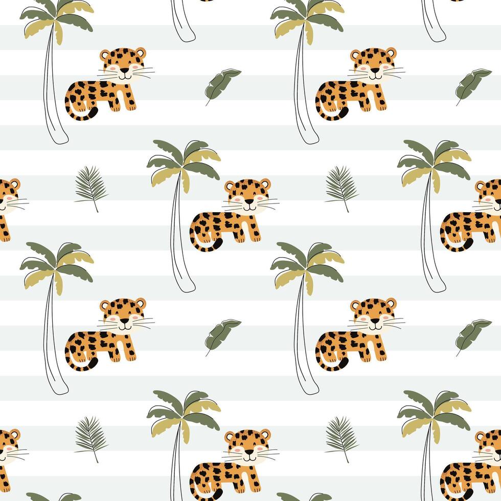 Seamless pattern with cute leopard. Childish jungle background. Watercolor baby leopard wallpaper. vector