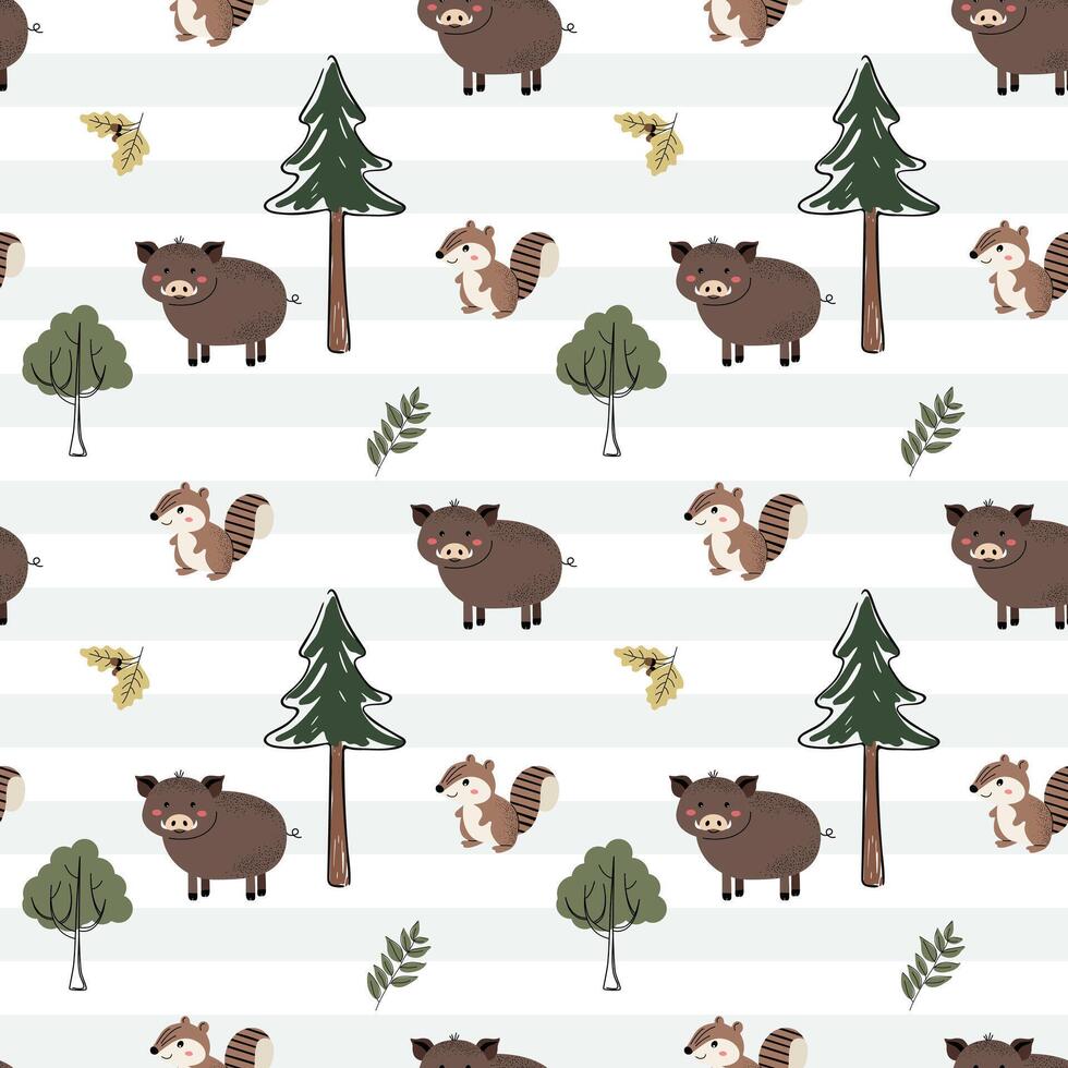 Cute seamless pattern with boar, chipmunk and pine. Forest wildlife backgrounds. Woodland patterns vector