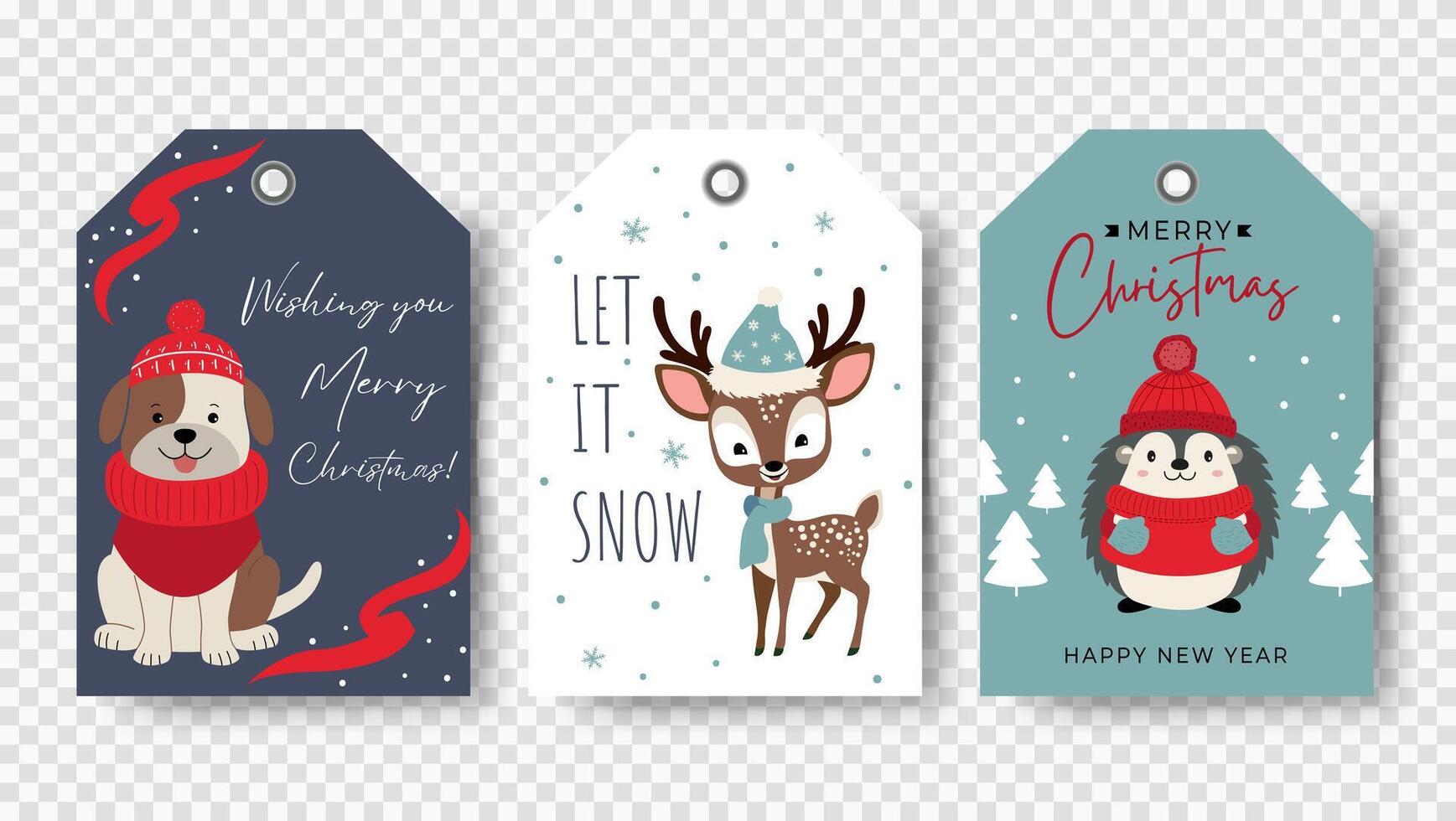 Cute animals christmas tags. Set of gift tags with dog, deer, hedgehog. Happy celebrate xmas label. Winter animals vector