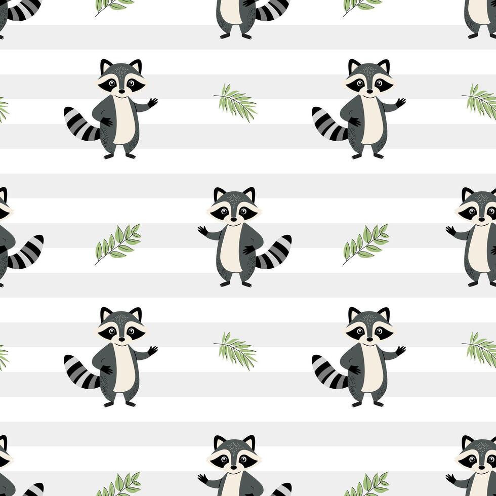 Seamless pattern with raccoon. Cute animals pattern. Wildlife backgrounds. vector