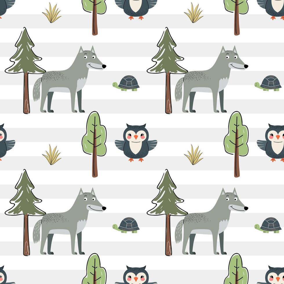 Cute animals pattern. Woodland patterns. Seamless pattern with wolf, owl, turtle. Forest wildlife backgrounds. vector