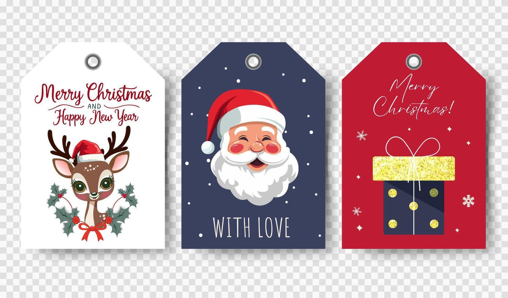 Christmas tags set with winter characters and elements. Happy celebrate xmas label, decorative elements. vector