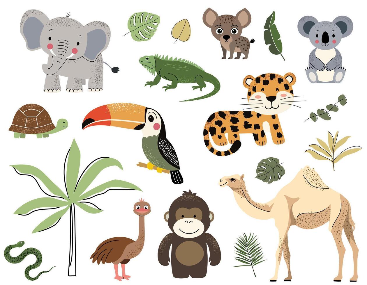 Wild animals and tropical leaves. Elephant, turtle, toucan, hyena, monkey, leopard, camel. Hand drawn safari set. vector