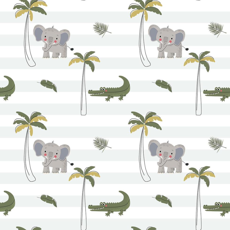 Seamless pattern with cute elephant and crocodile. Childish jungle background. Baby alligator wallpaper. vector