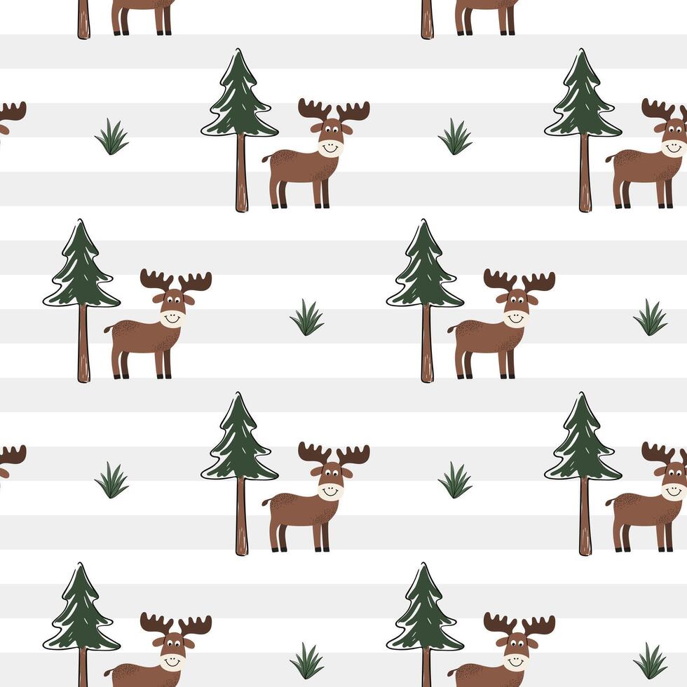Seamless pattern with elk and pine. Cute animals pattern. Woodland. Wildlife backgrounds. vector