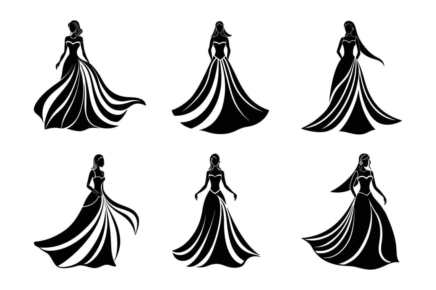 Set of bride in a flowing gown silhouette vector