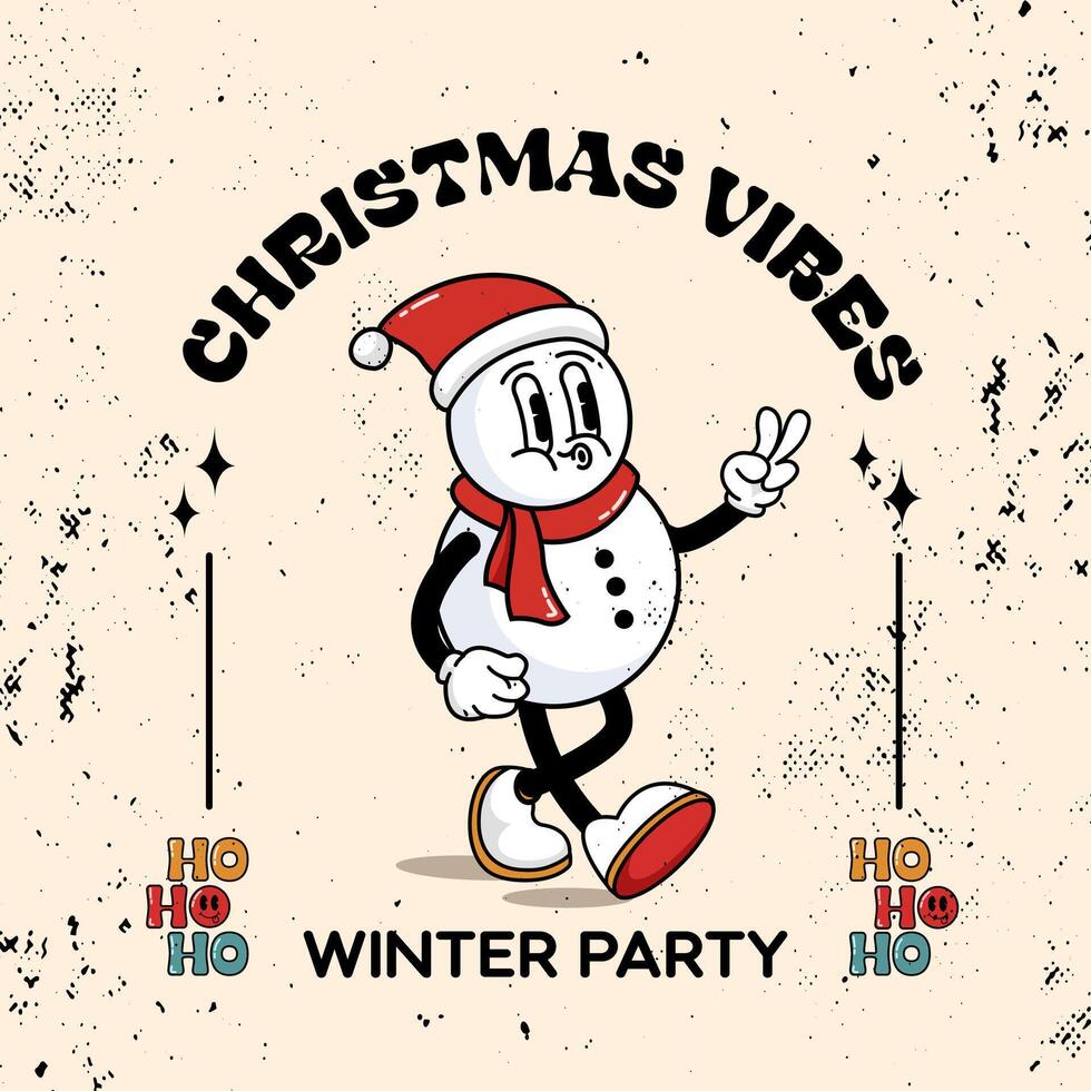 Groovy Christmas vibes ho ho ho retro characters cartoon xmas decorative Flyer template design. vector